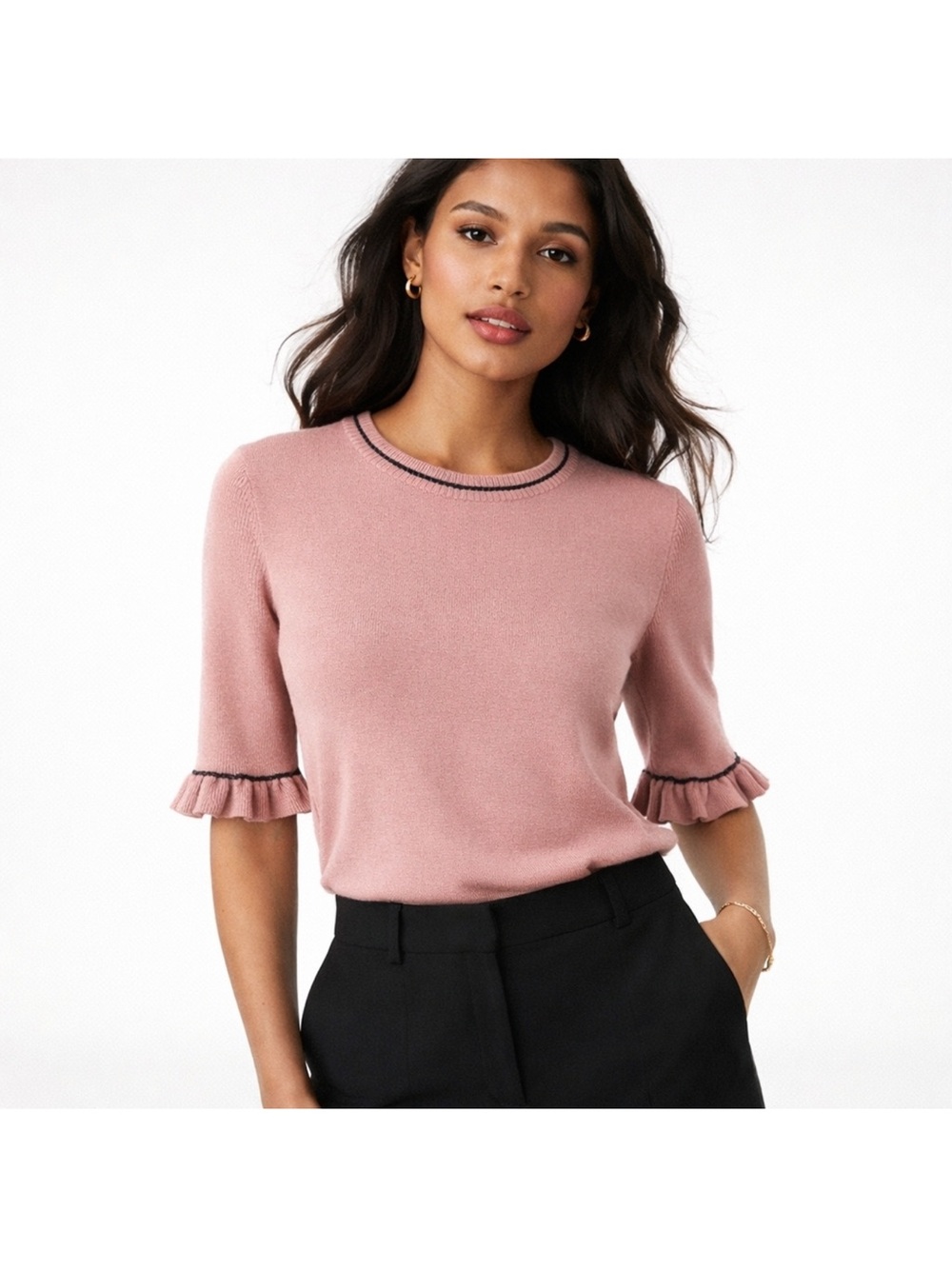 LK Bennett Dusty Pink Ruffle-Sleeve Knit Top with Contrast Trim